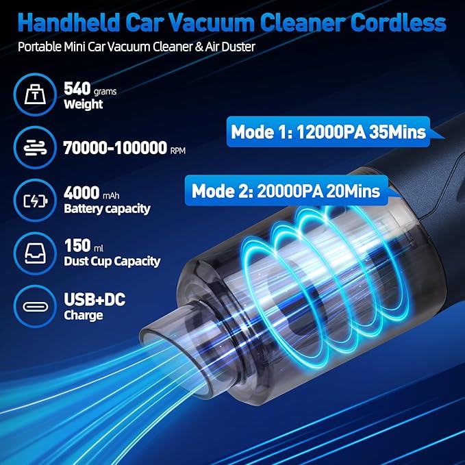 Handheld Car Vacuum Cleaner Cordless, High-Power Brushless 20000PA Mini Hand Held Vacuum Cleaner with 8 Multi-Functional Nozzle & 3 Replaceable Filters, Portable Car Vacuum for Office Pet Hair