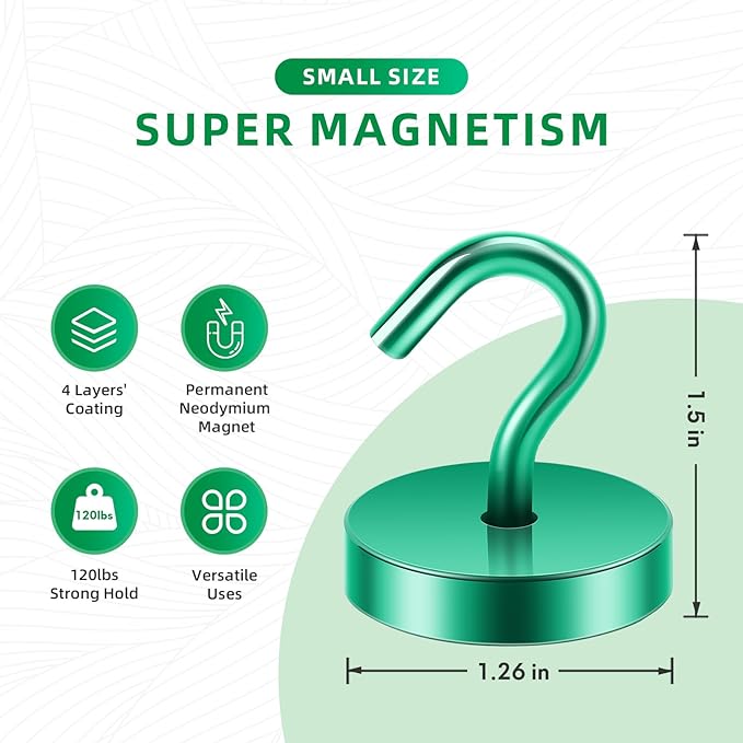 Neosmuk Magnetic Hooks, Cruise Ship Essentials, 120lb+ Heavy Duty Magnetic Hooks for Cruise Cabins, Refrigerator, Grill, Hanging, and Travel | Extra Strong Must-Haves Magnet Hook,Green, Pack of 10