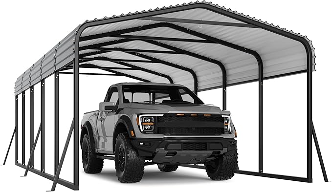 12 x 24 FT Metal Carport with Galvanized Steel Roof, Heavy Duty Metal Roof Carport with Enhanced Base, Tall Kits Garage for Tractors, Trucks, Boats, Cars