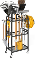 Hadulcet Garden Tool Organizer, Metal Garage Organization and Storage with Lockable Wheels, Garden Tool Rack with Storage Hooks, Heavy Duty Yard Tool Organizer for Garage, Shed, Lawn, Outdoor, Black