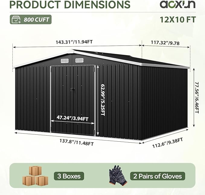 Aoxun 12x10 FT Shed Metal Outdoor Waterproof Storage Shed Steel Utility Garden Tool Shed with Door & Lock Outdoor Storage for Garden Patio Lawn Poolside, Black