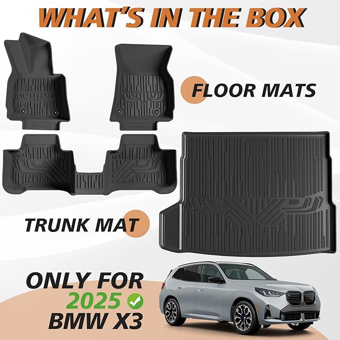 TripleAliners Floor Mats & Trunk Mat All Weather Liners Compatible with 2025 BMW X3 Accessories TPE Cargo Custom Fit Anti-Slip Odorless Full Set Liners Protection(Floor Mats & Trunk Mat)