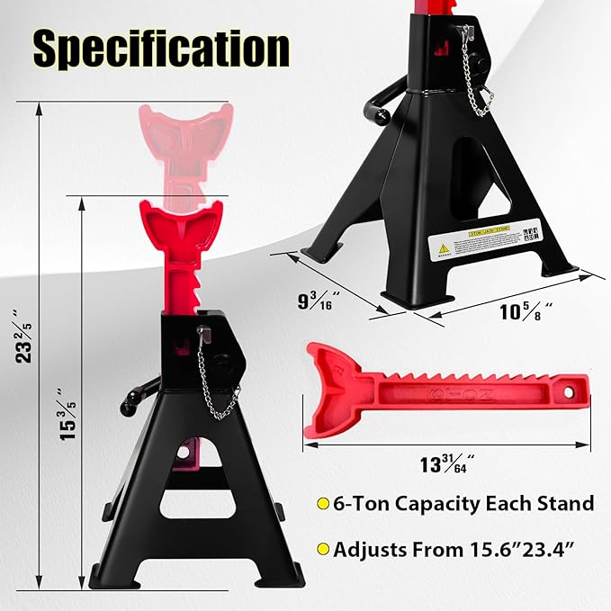 6 Ton Jack Stands, 15.6"-23.4" Adjustable with Double Pin Locking,Heavy Duty Jack Stands with Extra Rubber Pads,Car Lifts for Home Garage,Lifting Various Vehicles,1 Pair Black