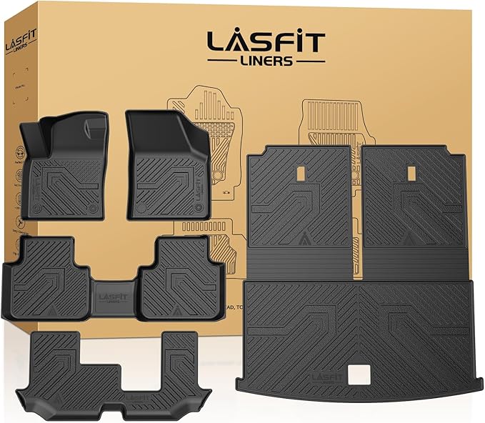 LASFIT Floor Mats & Backrest Mats & Cargo Mats for Volkswagen VW Atlas 2020-2025 (Only for 7 Passenger Bench Seating), All Weather TPE Custom Fit Floor Liners for VW Atlas Full Set Car Mats, Black