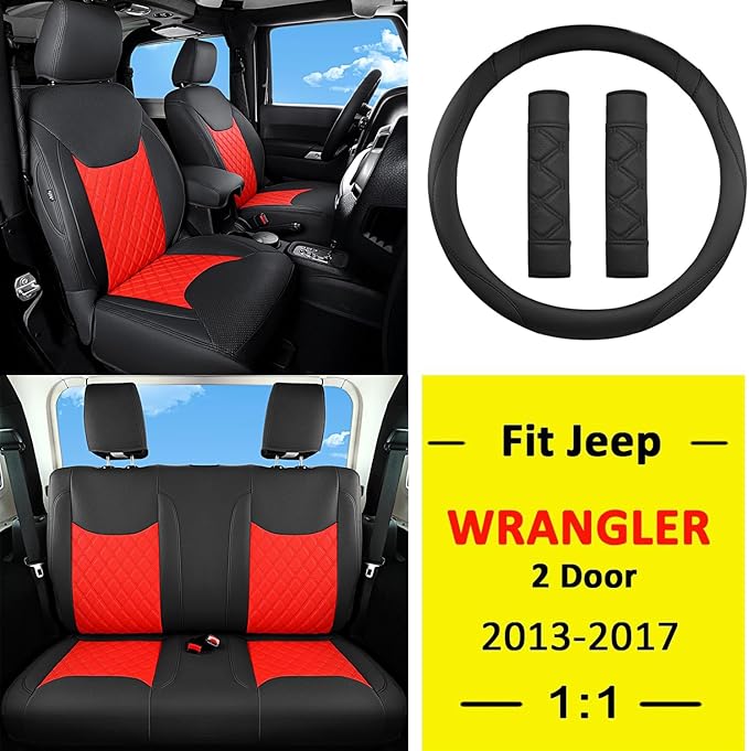 GIANT PANDA Customized Full Set Car Seat Covers for Jeep Wrangler 2 Door JK Sport Sahara Rubicon Freedom Willys Wheeler 2013 2014 2015 2016 2017, Faux Leather - (Black+Red)