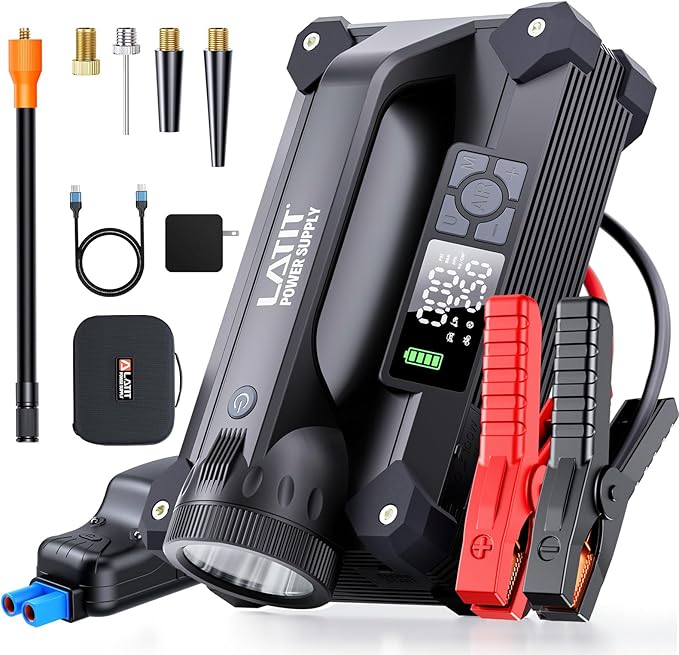 LATIT 6000A Jump Starter with Air Compressor 150PSI 65W Charger, 12V Battery Jumper Starter Pack Portable (10L Gas/8L Diesel), 103.6Wh Jump Box Battery Charger with LCD Display, Lights 2000 LM