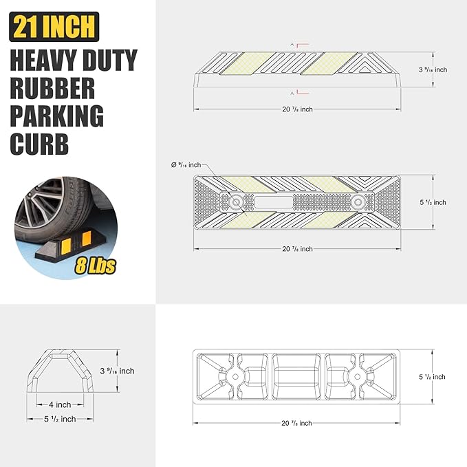 Heavy-Duty Rubber Parking Curbs, Parking Garage Floor Stoppers with Reflective Stickers, Mounting Screws Included, Wheel Stoppers for Car, Truck, Pickup, Motorcycle (21" - 4Pack)