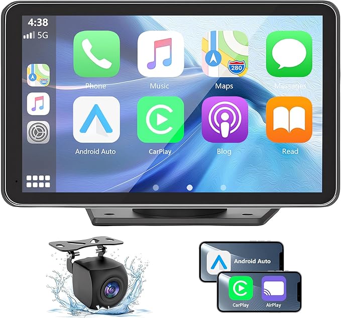 Wireless Car Stereo with Apple CarPlay/Android Auto, Portable Touch Screen Car Radio Multimedia Player with Bluetooth, Backup Camera, Navigation, Mirror Link for All Vehicles