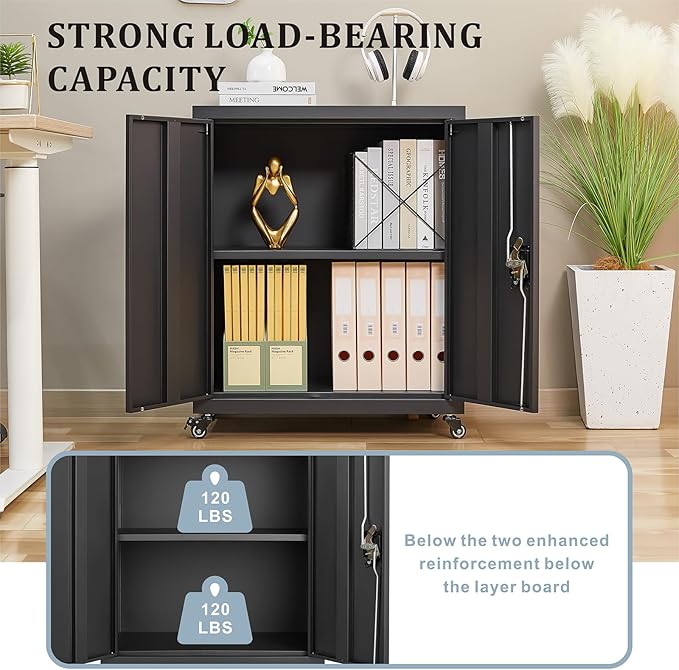 LUCYPAL Metal Storage Cabinet with Wheels,Steel Locking Storage Cabinet with Adjustable Shelves and 2 Doors,31.5" H Garage Cabinet for Home Office,Black