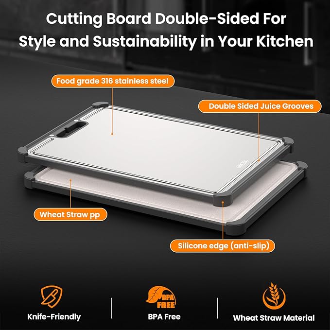 Premium 316 Stainless Steel Cutting Board for Kitchen– Double Sided,Non-Toxic& BPA-Free Chopping Board with Food-Grade Steel &Eco-Friendly Wheat Straw PP,for Meat&Vegetables Healthy Organic Board