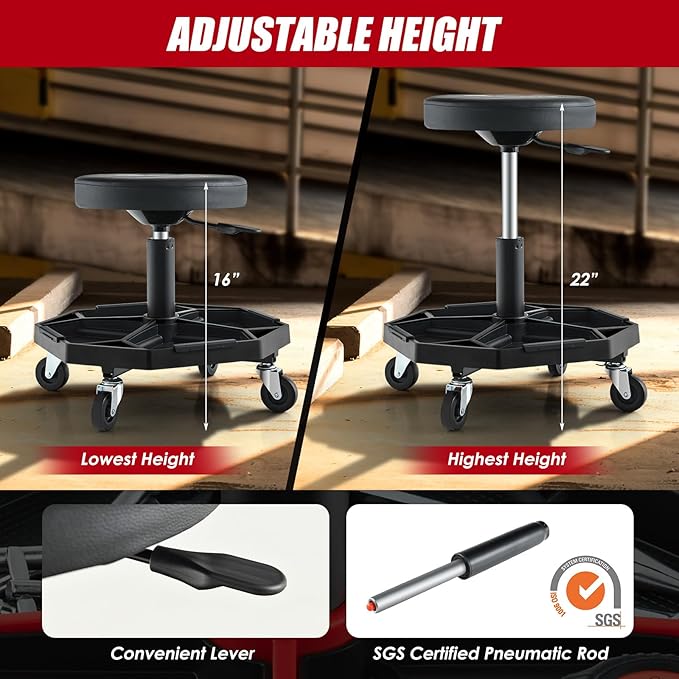 Goplus Mechanic Stool, Rolling Garage Chair with 16”-22” Adjustable Height, Removable Magnetic Tool Tray, 2” Thick Padded Cushion, Universal Wheels, 330LBS, Roller Creeper Seat (Black)