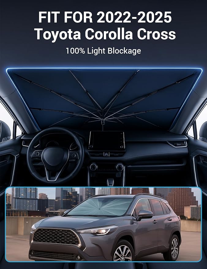 Proadsy Windshield Sun Shade Umbrella for Toyota Corolla Cross 2022-2025 2026 Foldable Car Umbrella Sunshade with Soft TPU Handle Spring Structure Crystal Cooling Material Protect Car from Rays & Heat