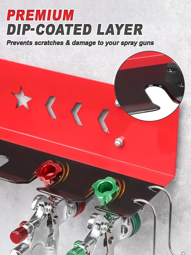 Paint Spray Gun Rack for Magnetic or Wall Mount, Holds 7 Gravity Feed Guns or 4 with Cups, Heavy-Duty Steel Paint Organizer with S-Hooks for Garage, Body Shop or Workshop, Red
