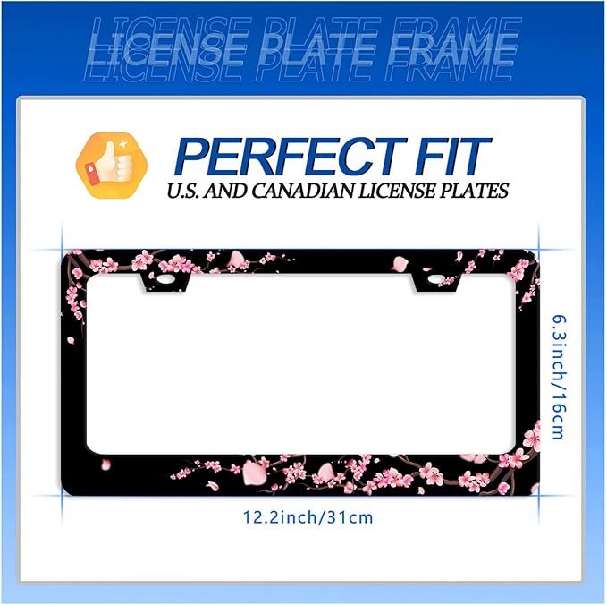 Cherry Blossom License Plate Frame Beautiful Flowers Pink License Plate Stainless Steel Funny License Plate Holder Floral Car Accessories Decoration With Screws Fits Standard Vehicles Size 12.3"x 6.3"