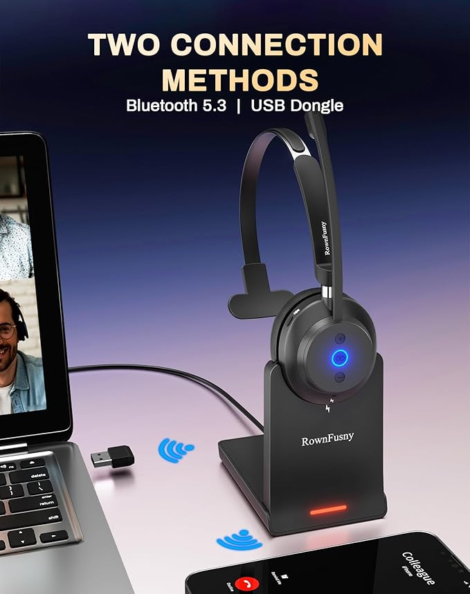 Wireless Headset with Mic for Work, Bluetooth 5.3 Headphones with Microphone, Headset with Microphone for PC, Wireless Headphones with Charging Base for Office, Call Center, Cell Phones