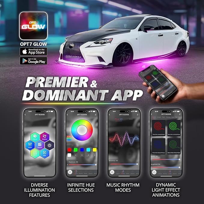 OPT7 Aura Pro Underglow LED Lights Kit for Car with APP & Remote Control, RGB Multicolor Modes, Music Sync, Waterproof Rigid Aluminum Light Bar, Exterior Neon Accent Underbody Lighting Kit
