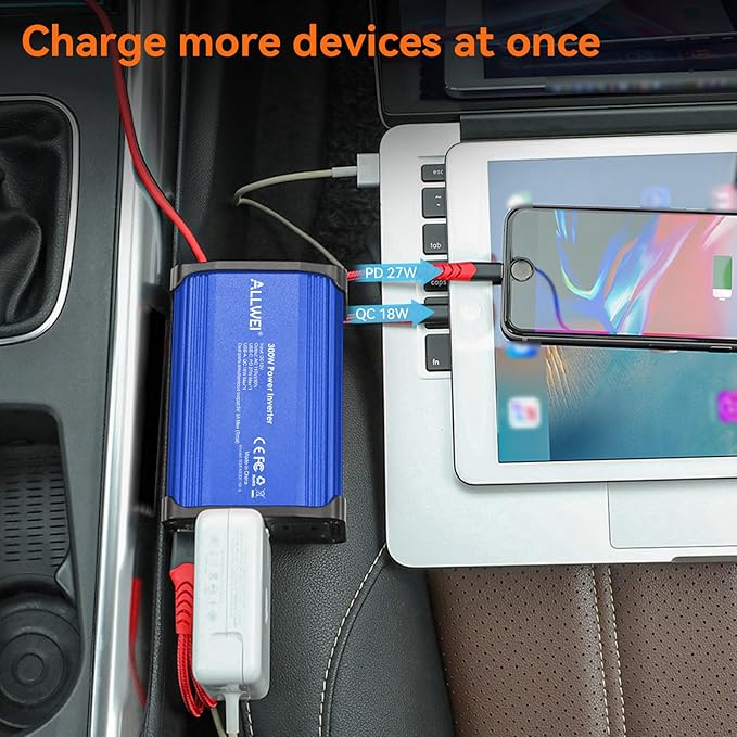 300W Car Power Inverter 12v to 110v, Car Plug in Adapter Outlet with PD 27w USB-C and Fast Charger 18w USB-A, Car Outlet Adapter, Car Converter to Outlet Plug, Power Inverters for Vehicles (Blue)