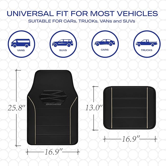 Skechers Memory Foam Car Mats, Leather Piping with Anti-Slip Pad, Universal Waterproof Fit Automotive Floor Mats for SUV, Vans, Sedans, Trucks, Full Set 4pcs Beige