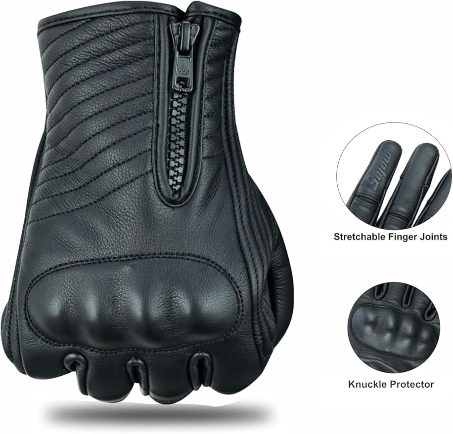 Full Finger Leather Motorcycle Gloves for Men & Women Touch Screen Gloves Premium Street Motorcycle Durable Protective Cruiser Biker Gel Leather Motorbike Gloves