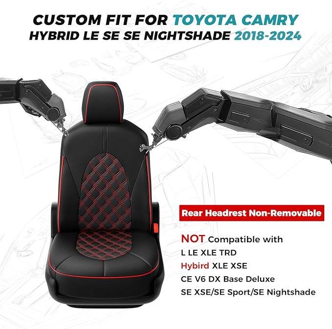 for Toyota Camry Seat Covers Hybrid LE SE 2018 2019 2020 2021 2022 2023 2024 - Custom Car Seat Covers Full Set, Waterproof Breathable Seat Cover for Cars, Leather Cushion Protectors Black Red
