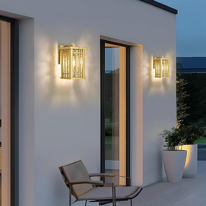 Outdoor Wall Light E26 Base Metal Frame - Gold Exterior Waterproof Lanterns with Clear Glass, Porch Wall Mount Lighting for Garage, Patio(Bulb not Included)