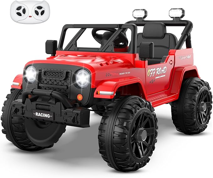 12V Ride On Truck Car with Remote Control, Kids Electric Vehicles with Bluetooth Music, Horn, 3 Speeds, 4 LED Lights, Soft Start, Ride-on Toy for Toddler Boys & Girls (Red)