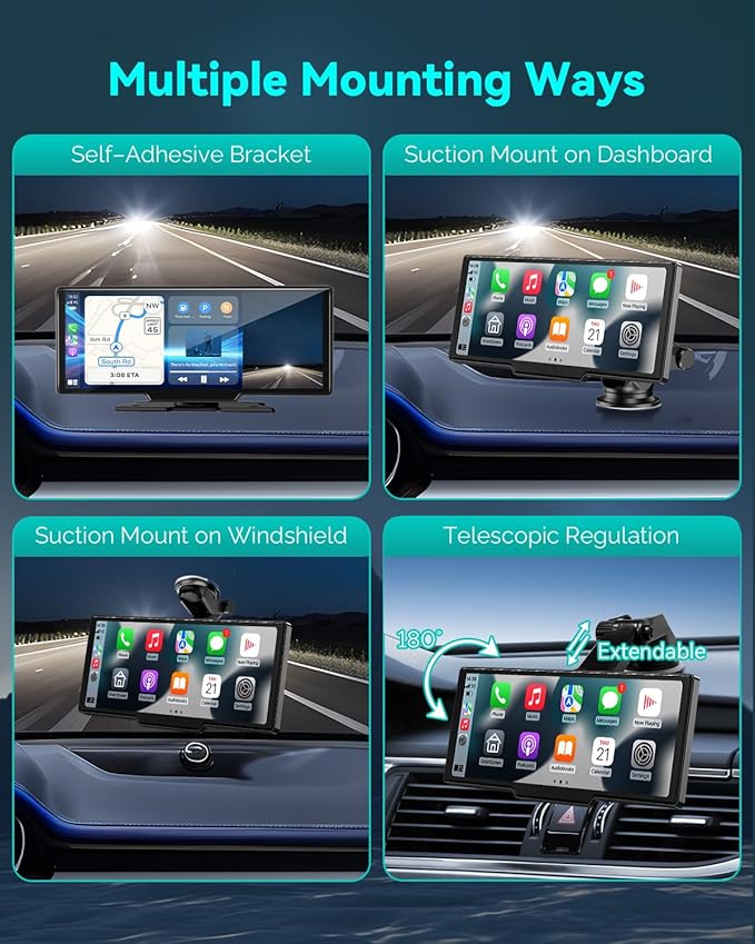 Wireless Carplay Screen for Car, 10.26" Android Auto Screen Compatible with A-pple Carplay, 4K Front & 1080P Rear Cameras Loop Recording, FM, AUX, BT, MirrorLink, Voice Control, Navigation for iOS 10+