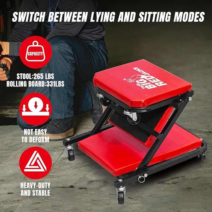BIG RED ATR6036ZER 36" Foldable Z-Creeper Seat: 2-in-1 Garage Shop Creeper for Auto Repair with 6 Wheels, 300 Lbs. Capacity - Red