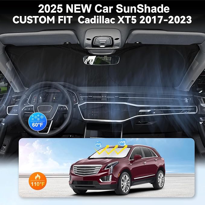 Custom fit Cadillac XT5 Windshield Sunshade for 2017-2023 2024 2025 Cadillac XT5 Accessories Front Window Car Shades Cover for Windshield Sun Visor Screen Protector 210T Reflective Blocks UV Rays