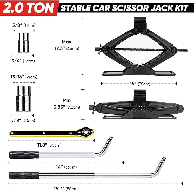 SHALL Scissor Jack Kit - 2 Ton (4409lbs) - Extended & Widened Base, 360° Rotatable Rubber Pad - Tire Change Kit with Ratchet & Lug Wrench - Universal Car Jack Kit for Emergency Roadside Needs