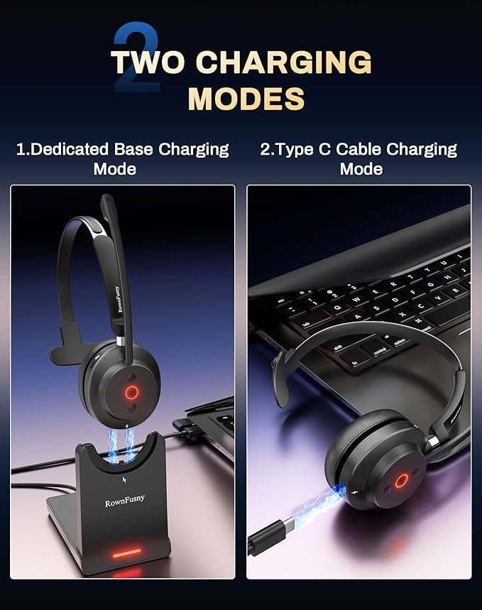 Wireless Headset with Mic for Work, Bluetooth 5.3 Headphones with Microphone, Headset with Microphone for PC, Wireless Headphones with Charging Base for Office, Call Center, Cell Phones