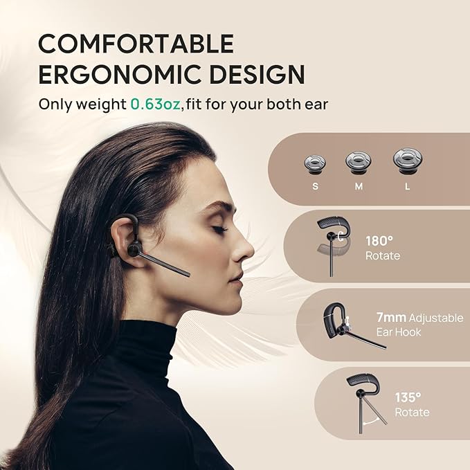 Yealink BH71 Lite Bluetooth Headset,Wireless Earpiece with 4 Noise Cancelling Microphone,10H Talk Time,Adjustable Ear Hook,Bluetooth Earphones for Cell Phone,Driving,Office Work