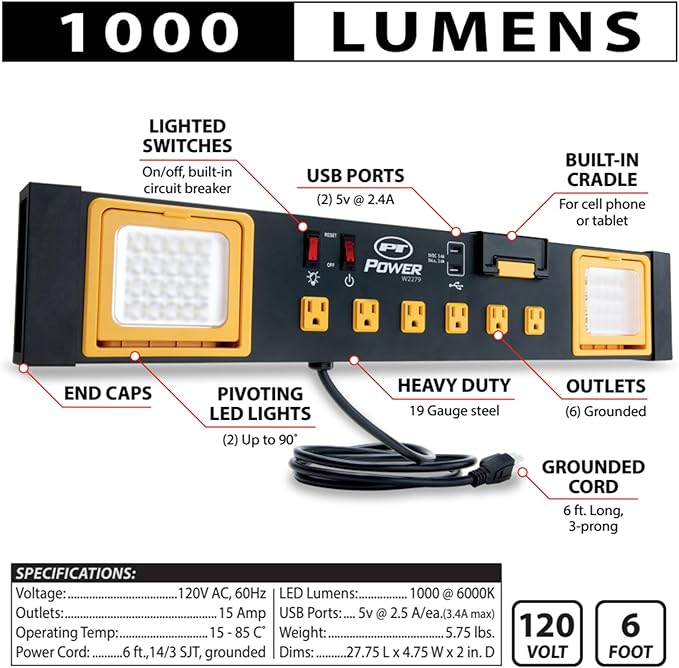 Performance Tool W2279 Commercial Grade Power Station with 6 Outlets, 2 USB Ports, Built-In Cradle, and LED Lights, Ideal for Workshops and Garages