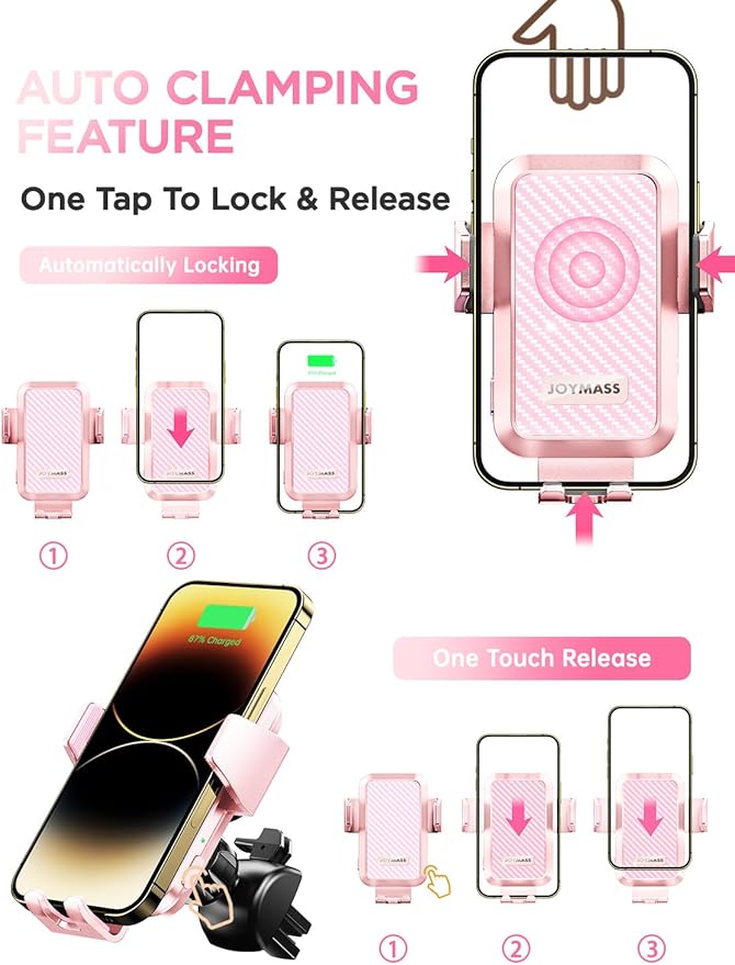 Wireless Car Charger, Phone Holders for Your Car, 15W Auto Clamping Phone Mount Car Accessories for iPhone 16 15 14 13 12 Mini Pro Max 11, Samsung Galaxy S24 Ultra S23 S22+ Note 20, etc-Pink
