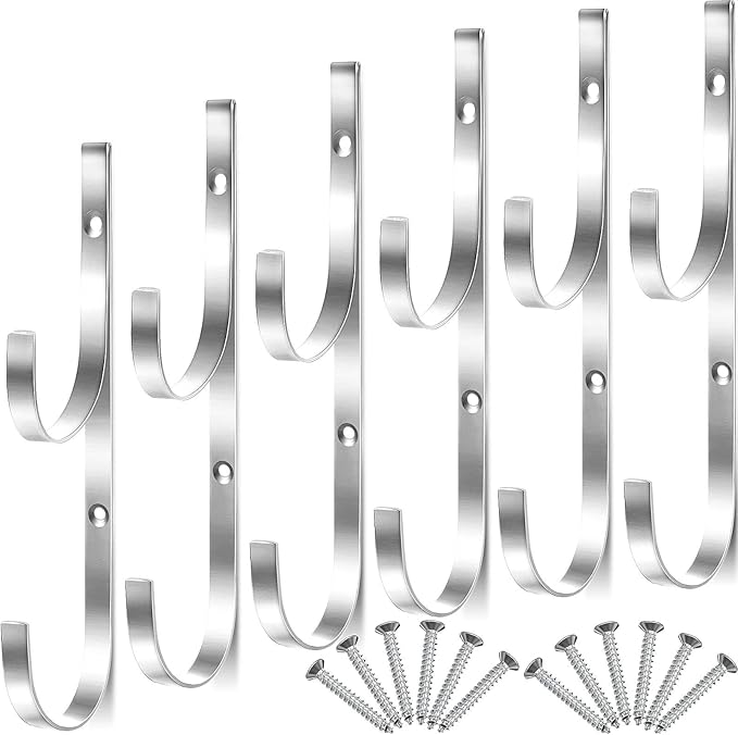 6 Pieces Pool Pole Hook Hanger Swimming Metal Brackets Pool Hook with 12 Pieces Screws for Telescopic Poles, Skimmers, Leaf Rakes, Net, Brush, Vacuum Hose, Garden and Pool Accessories (Silver)