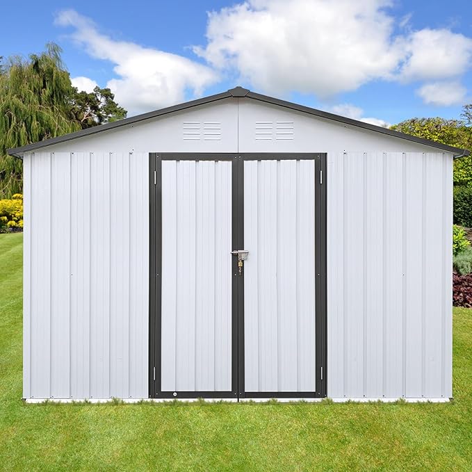 12 x 10 FT Metal Garden Shed, Outdoor Storage Shed with Heavy-Duty Steel Construction, Built-in Punched Vents & Hinged Door, Free Padlock for Secure Backyard, Patio & Garage Storage, White + Grey