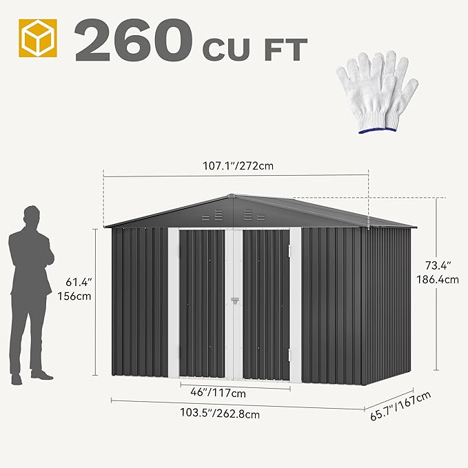 DWVO Storage Shed 9x6 FT for Bicycle Functional Metal Tool Shelter Garden Storage Unit with Airflow Windows, Secure Entry Lock, Water-Resistant Waste Enclosure for Outdoor Patio Garden (Dark Dray)