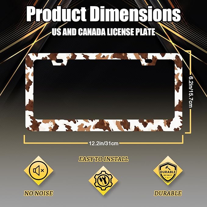 Brown White Cows Print License Plate Frame Animals License Plate Holder Stainless Steel Funny Design with 2 Holes and Screws 12.3" x 6.3"