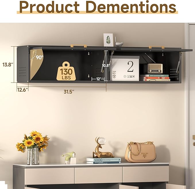 Metal Garage Wall Cabinet, Floating Tool Cabinet for Home, Office, Kitchen, Basement, Warehouse - Black with Up-Flip Door, Wall Mounted, Assembly Required