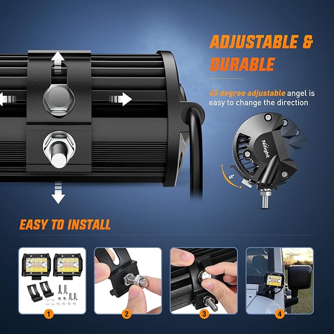 Nilight 2PCS 4Inch 60W LED Pods Spot Flood Amber White Light Bar Strobe 6 Modes Memory Function Off-Road Truck Car ATV SUV Cabin Boat with 16AWG Wiring Harness Kit-2 Lead, 2 Years Warranty