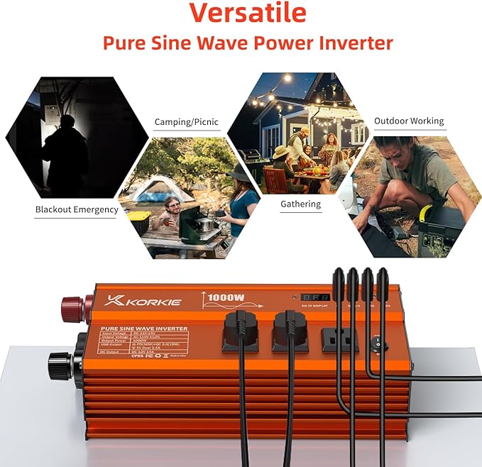 1000W Pure Sine Wave Inverter, Car Power Inverter, 12V DC to 110V AC Power Converter, Emergency Power Inverter with Type-C, Dual 5.2V/2.4A USB, 3AC Outlets for Home,Camping, RV, Truck, Vehicles