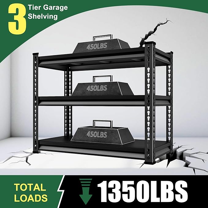 40" W Garage Shelving Heavy Duty, 1350LBS Loads Shelving Units and Storage Racks, 3-Tier Metal Garage Storage Shelves, Industrial Utility Shelf Heavy Duty,40" Wx16 Dx36 H, Black