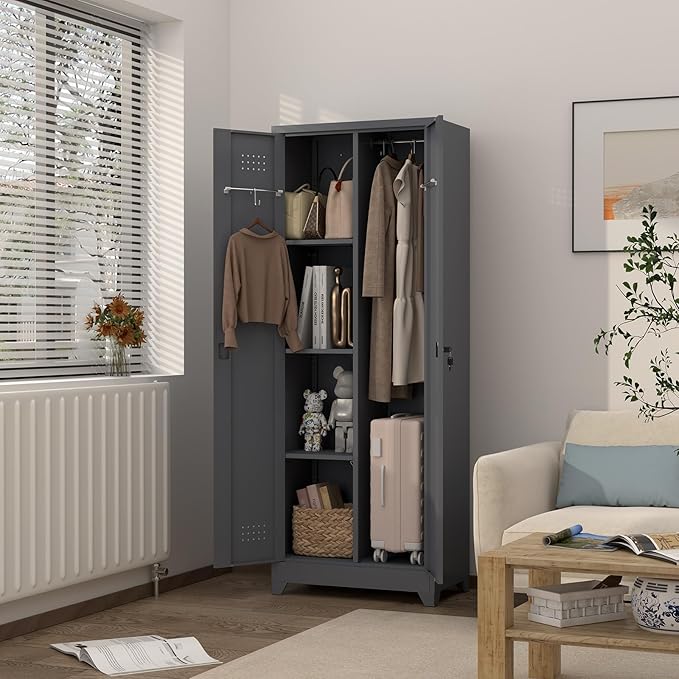 GREATMEET 65" H Metal Garage Storage Cabinets with Lock Door and Adjustable Shelves,Grey Broom Closet Storage Cabinet for Cleaning Supplies for Garage, Bathroom,Kitchen,Home