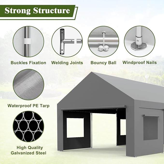 13x20 FT Heavy Duty Carport, Oversized Portable Garage with 4 Doors & 4 Windows, Reinforced Frame, All Weather Protection Outdoor Shelter Canopy for Cars, Boats, Trucks, BBQ and Outdoor Gatherings