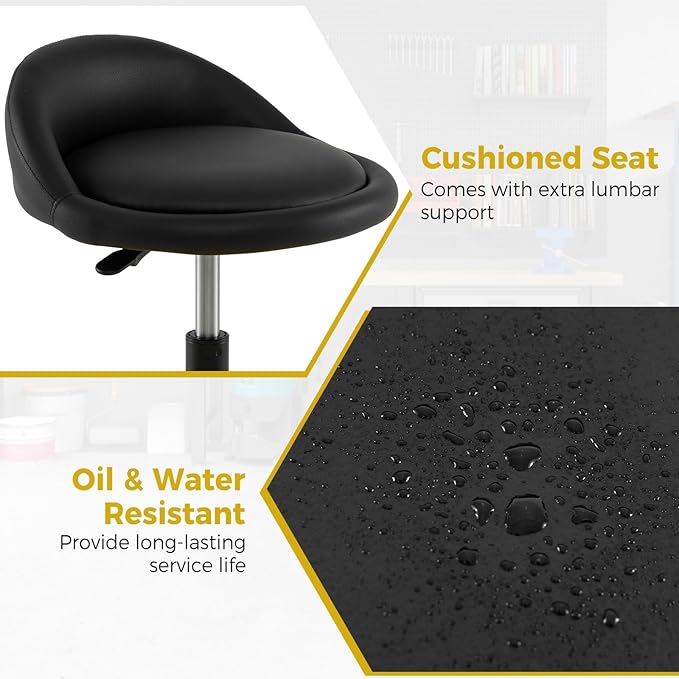 Mechanic Stool, 350 LBS Capacity Rolling Shop Stool with Lockable Wheels, 2 Magnetic Tool Trays & Padded Seat, 20"-25" Height Adjustable Workshop Chair Creeper Seat for Garage, Auto Repair