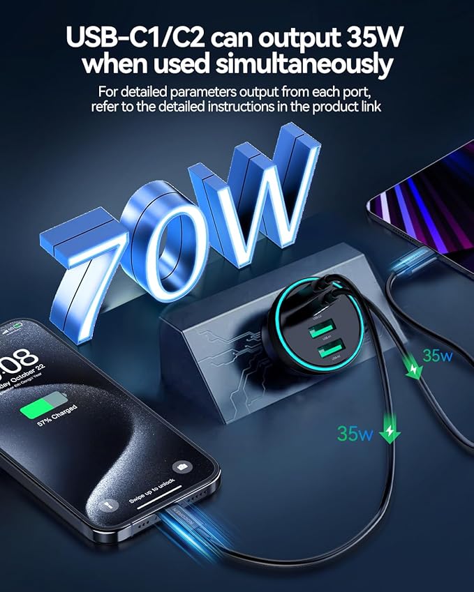 70W USB C Car Charger, Rocoren 4-Port PD Super Fast Charging Type C Car Charger for Multiple Devices, Cigarette Lighter Adapter, USBC Phone Adapter for 17 iPhone 16/16e/15 Pro Max, Samsung S25, Piexl