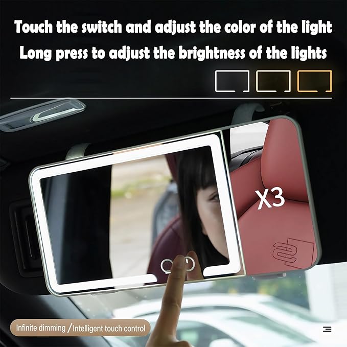 Car Sun Visor Vanity Mirror, Dimmable Touch Screen Makeup Mirrors with 3 Light Modes & 3x Magnifying for Women Detailed Makeup Universal Clip-on Rear View Sun-Shading Cosmetic Mirror (White)