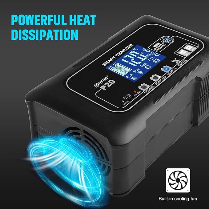 20Amp Smart Lithium Battery Charger, 12V and 24V, Lifepo4, Lead-Acid (AGM/Gel/SLA.) Car Battery Charger, Maintainer Cycle Charger Trickle Charger Battery Desulfator for Boat, Motorcycle