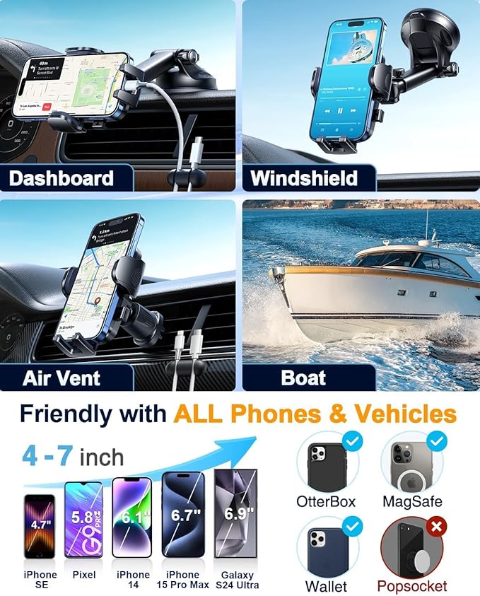 YRU True Military-Grade & 360 Degrees Rotatable Suction 2025 Ultimate Car Phone Holder Mount 90+LBS Safest Strongest Patent Certs Dashboard Windshield Vent for iPhone 16 15 Pro Max Samsung Dark Black