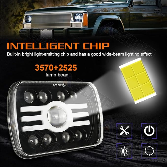 5x7 7x6 Inch LED Headlights, H6054 80W Headlights, Turn Signals, DOT Approved, High/Low Beam, DRL, Compatible with Jeep Wrangler YJ, Cherokee XJ, Chevy Express, Ford F150, Cars, Trucks, Pickups